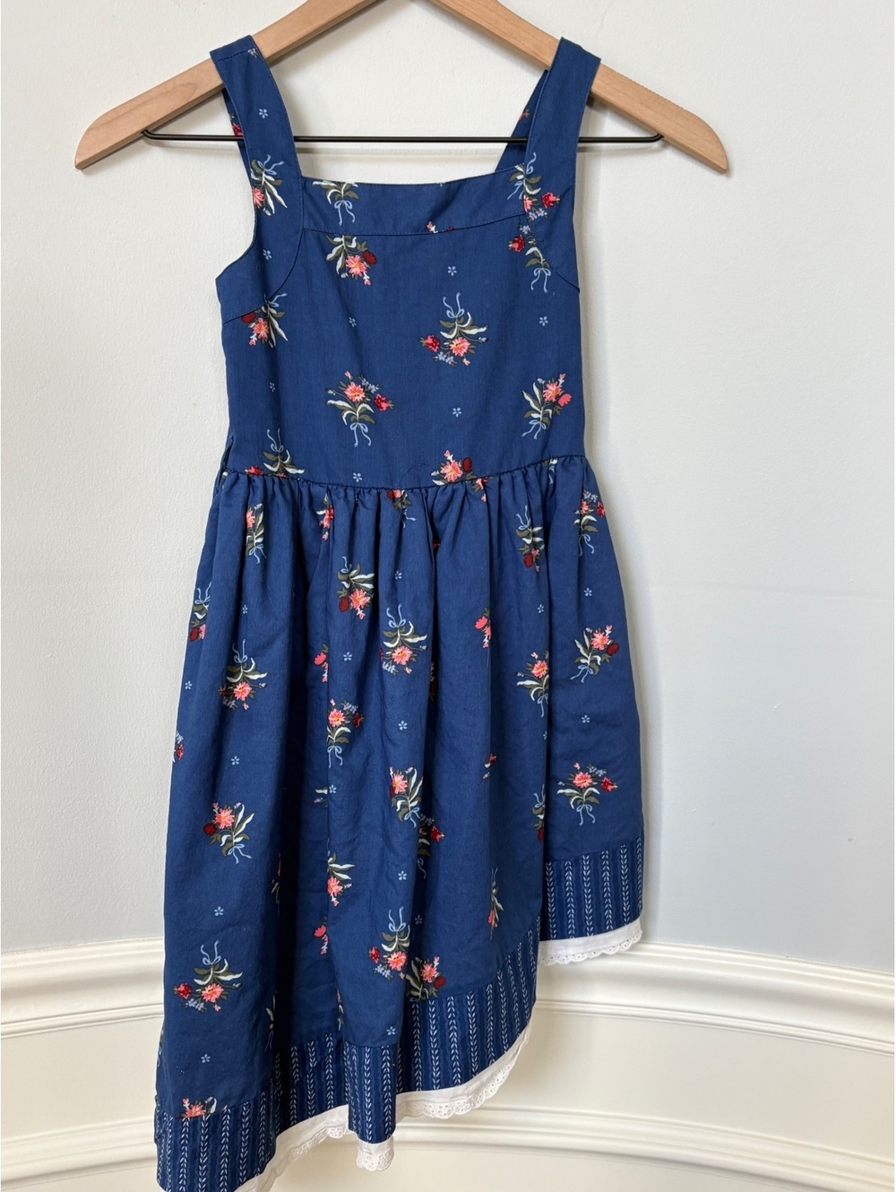 Disney True Navy Blue Floral Cotton Dress with Lace Trim Size S (6/6X)